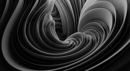 Abstract, mesmerizing monochromatic swirl and flow of dark gray and black gradient layers, creating a dynamic, hypnotic vortex or paper fold texture.