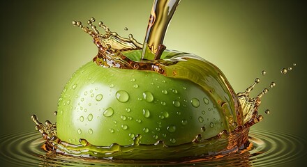 Dynamic shot of golden apple juice pouring onto a wet, green apple, creating a dramatic splash and ripples on the liquid surface.
