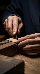 Close-up of a craftsman's hands using a specialized tool to groove and cut leather, preparing it for stitching in a dimly lit, focused workshop setting.