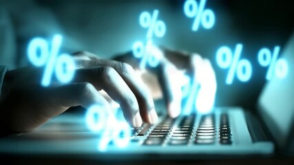 Close-up of hands typing on a laptop with glowing blue percentage signs. Online finance, e-commerce, and digital data concept - Powered by Adobe