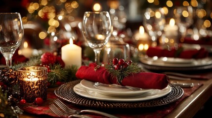 Elegant Christmas Dinner Table Setting with Candles and Holiday Decor