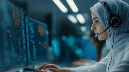 A professional Muslim woman wearing a hijab and headset works at her computer. Female software developer coding in a modern tech office. Cybersecurity and data analysis concept - Powered by Adobe
