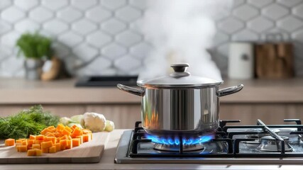 A stainless steel pot boiling with steam on a gas stove. Preparing a healthy meal with fresh vegetables in a modern kitchen. Home cooking concept - Powered by Adobe