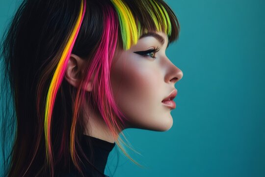 Young woman in profile view with dynamic neon colored streaks and bangs, highlighting individuality and modern hairstyle trends - Powered by Adobe