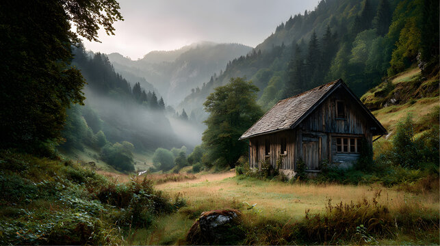 Small wooden cabin in valley covered by soft morning mist 