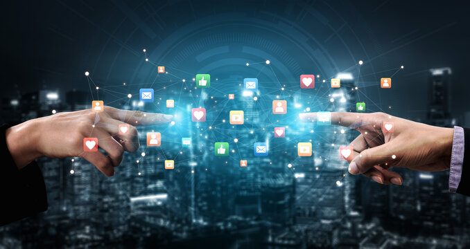 Social media interaction digital icons floating show concept of social media marketing. Online engagement, influencer marketing, and modern connection technology. Spline - Powered by Adobe