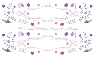 水彩風の花とリボンの飾りフレーム素材（シンプル/パステルカラー）/Watercolor Flower and Ribbon Decorative Frame Illustration (Simple / Pastel Color)