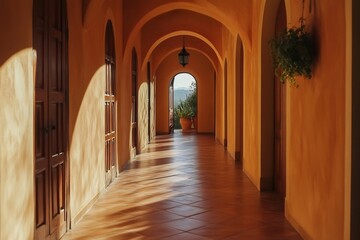 Architectural hallway featuring terracotta arches and tiled floor, leading to an open outdoor view with hills and greenery