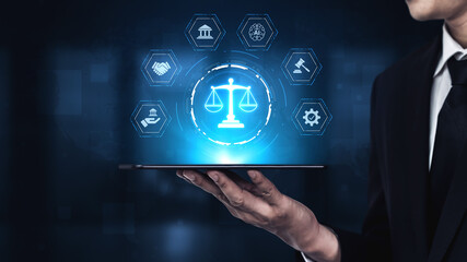 Futuristic digital law interface displaying justice scale, highlighting digital law, AI compliance,...