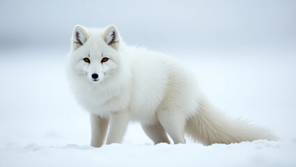 Obraz premium Beautiful arctic fox in the snow, perfectly blending with the white surroundings. Concept of winter camouflage, survival, and animal mimicry in cold environments