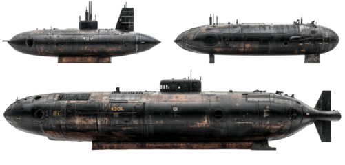 Three rusty submarines on transparent background