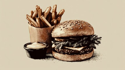 Detailed Illustration of Burger and Fries in Vintage Style on Neutral Background