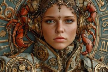 Steampunk Cancer zodiac woman in ornate armor with mechanical crab design, intricate fantasy portrait featuring gold gears, astrology symbols, and detailed metallic craftsmanship