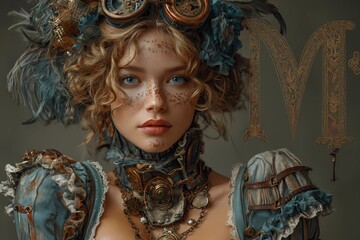 Steampunk Scorpio woman in teal and bronze Victorian attire, elegant portrait with clockwork jewelry, feathers, and vintage mechanical accents, symbolizing mystery and beauty