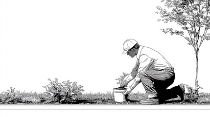 Black and White Illustration of a Gardener Planting a Sapling in a Flower Bed