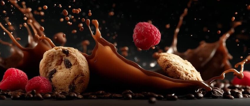 Chocolate splash with raspberry and cookies in slow motion. A decadent dessert composition with fresh fruit and coffee beans. Gourmet food and indulgence concept