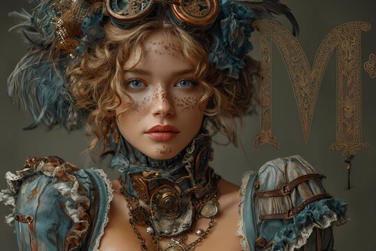 Steampunk Scorpio woman in teal and bronze Victorian attire, elegant portrait with clockwork jewelry, feathers, and vintage mechanical accents, symbolizing mystery and beauty