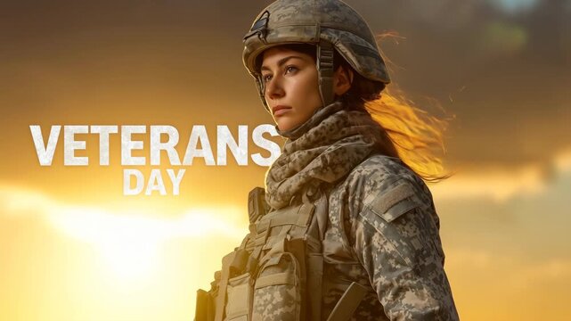 Female soldier in combat uniform for Veterans Day. Portrait of a woman in the military against a sunset sky. Honoring service and patriotism
