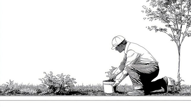 Black and White Illustration of a Gardener Planting a Sapling in a Flower Bed