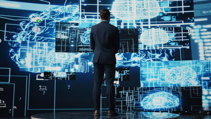 Professional leader looking around at AI neural networks system, employing digital brain visualization for machine learning and programming. Smart technology and algorithmic thinking. Camera B.