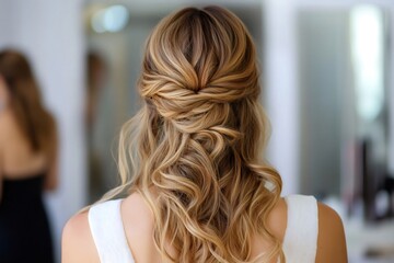 Beautiful bride or bridesmaid getting ready for a special occasion, showing off a delicate half updo hairstyle with loose blonde curls