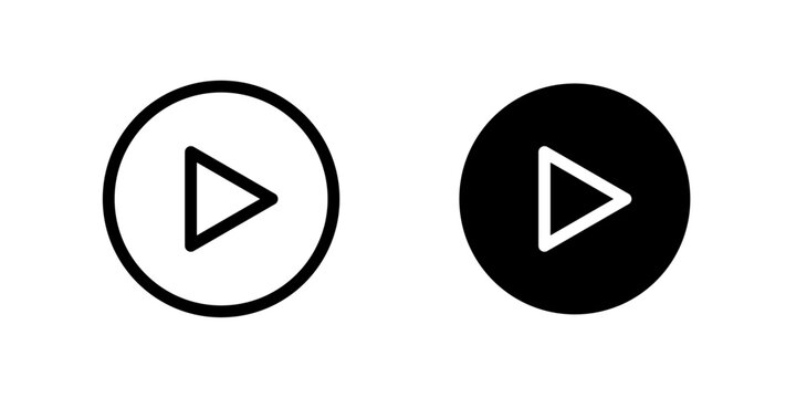 Play button icons in outlined and filled circle styles, Round play button icons, music video start sign, Vector illustration.