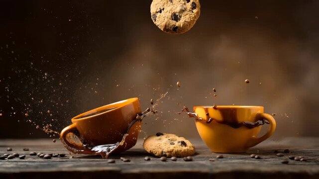 Coffee splashing from mugs in slow motion as a cookie falls. Dynamic food and beverage scene on a rustic wooden table. Breakfast, snack, and coffee break concept