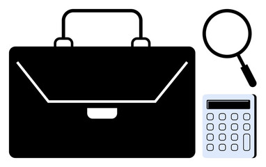 Black briefcase, magnifying glass, and calculator emphasizing business investigation, analysis, and efficiency. Ideal for finance, research, office culture, productivity corporate themes planning