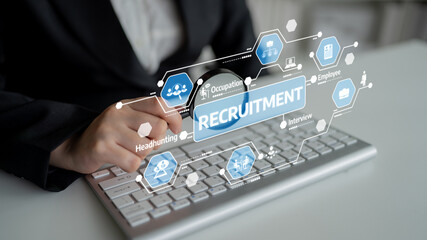 A professional setting showcasing the recruitment process through virtual icons and graphics. The...