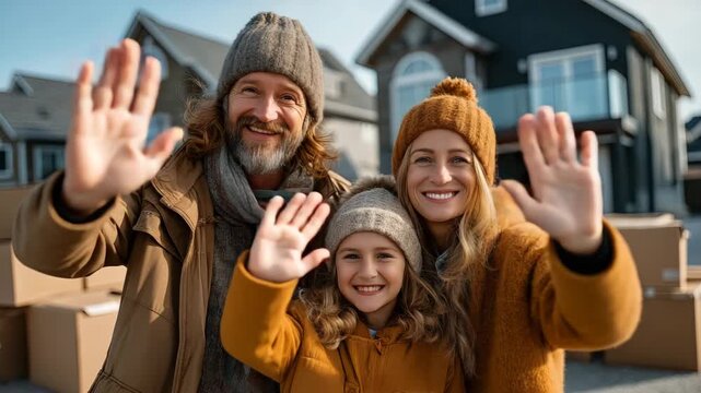 Happy family with a child waving in front of their new house. Parents and daughter moving into a new home with cardboard boxes. Real estate and home ownership concept