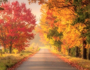 木漏れ日差す紅葉の一本道