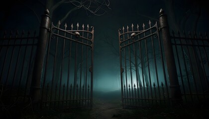 An old, rusty iron gate with skulls stands open, leading into a dark and foggy forest at night.