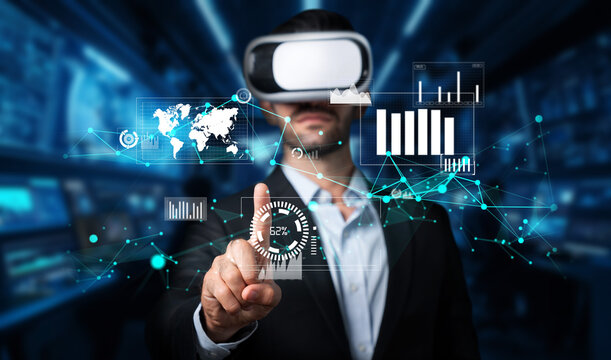 A business professional engages with virtual reality to explore big data analytics, enhancing financial planning and marketing strategy in a digital future. XDMCP