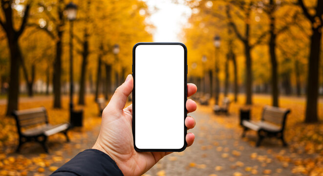 Hand holding smartphone mockup with blank screen and autumn park background for design placement
