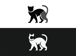 Black and gray cat silhouette logo on white background and white cat silhouette logo on black background