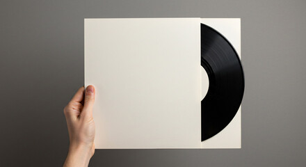 Hand holding vinyl record cover mockup isolated on light gray background