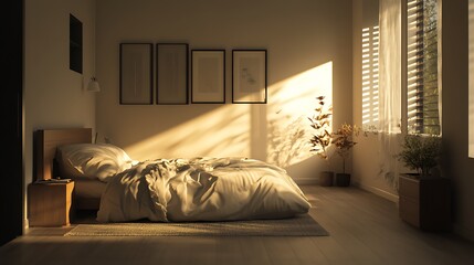 Fototapeta premium Bright minimalist bedroom interior with large window and natural daylight glow