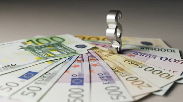 European currency fan with legal symbol representing finance, law, wealth, and financial success; a dynamic video concept