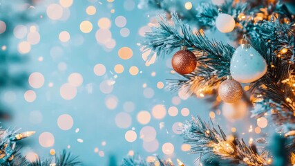 Close-up of snow-dusted evergreen branches adorned with twinkling golden lights and festive baubles, evoking peaceful winter celebration - Powered by Adobe