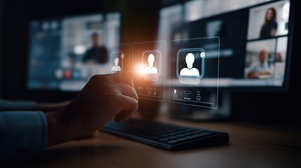 Faceless Team Leader Connecting Users on Virtual Collaboration Board with Video Call Interface in Modern Home Office