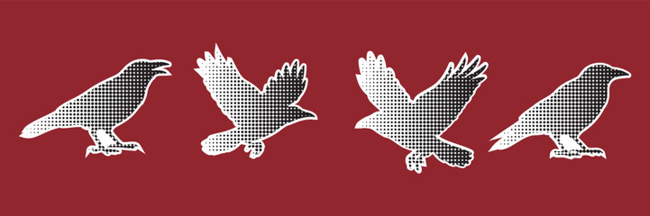 Mysterious raven silhouettes in flight against a rich red backdrop evoking a sense of folklore and Halloween mystery for creative projects