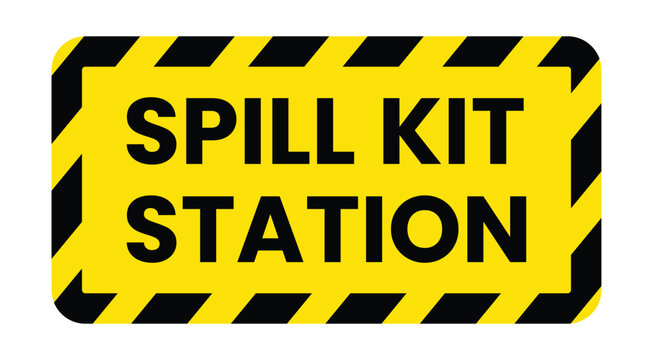 Spill clean up sign and labels spill kit station sign, logo, badge, icon, sticker, label, emblem, stamp, symbol, black, line, flat vector, isolated illustration.