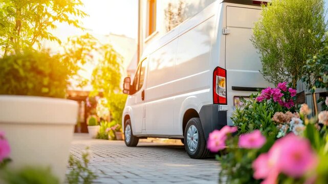 Bright white delivery vehicle parked on patterned driveway amidst vibrant green foliage and cheerful pink blooms, bathed in warm golden light