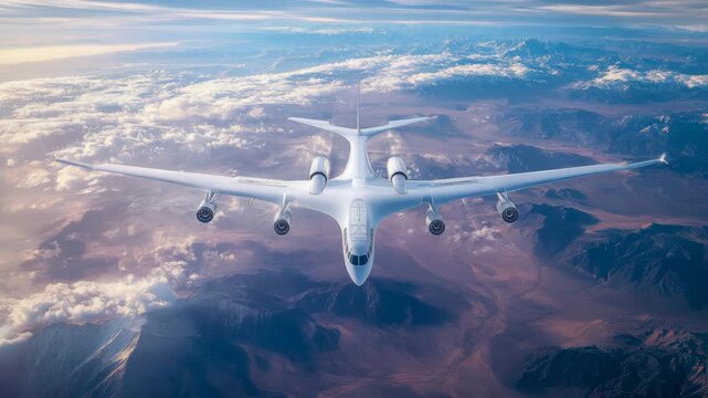 Sleek next-generation passenger jet airplane cruising high above sprawling desert mountain range beneath luminous, cloud-filled expanse