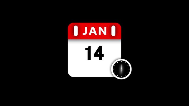 Red and white calendar page showing January 14th next to a black and white clock on a black background