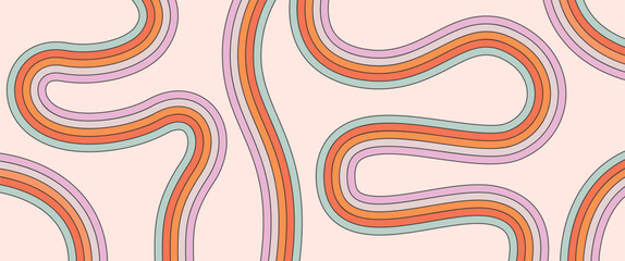 Vector wavy background with groovy rainbow stripes. Retro styled multicolored lines on light beige backdrop