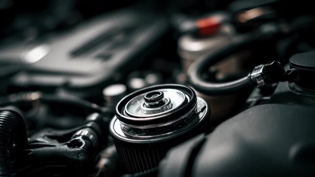 Focused medium shot showing the replacement of an unleaded fuel filter beneath the hood highlighting the filter element with a shallow depth of field blurring the surrounding