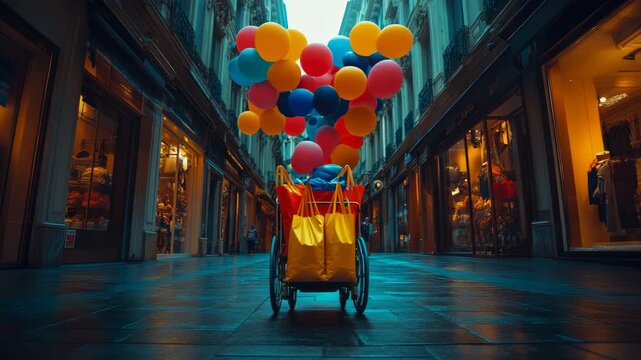 Whimsical journey with cart full of vibrant balloons and shopping bags along charming European street lined with illuminated boutiques