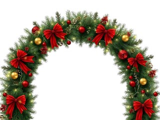A festive christmas garland arch decorated with red bows and golden baubles isolated on white background