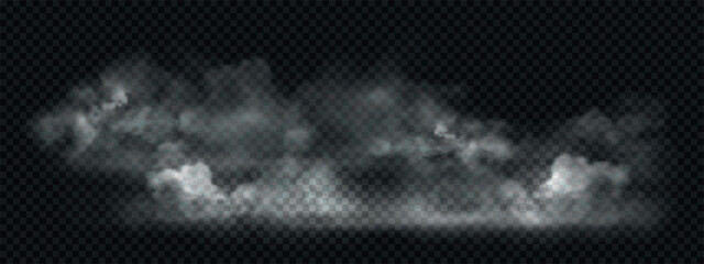 Realistic smoke and fog on floor with overlay effect. Vector steam clouds isolated on dark transparent background